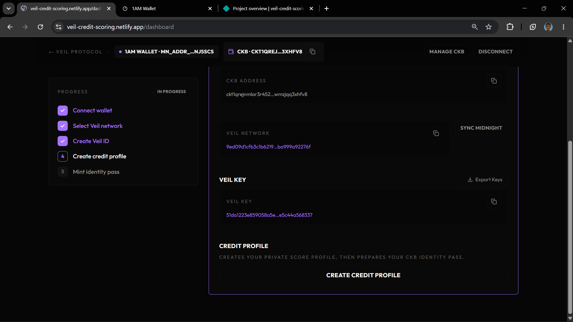 Dashboard after CKB wallet connected showing Create Credit Profile button